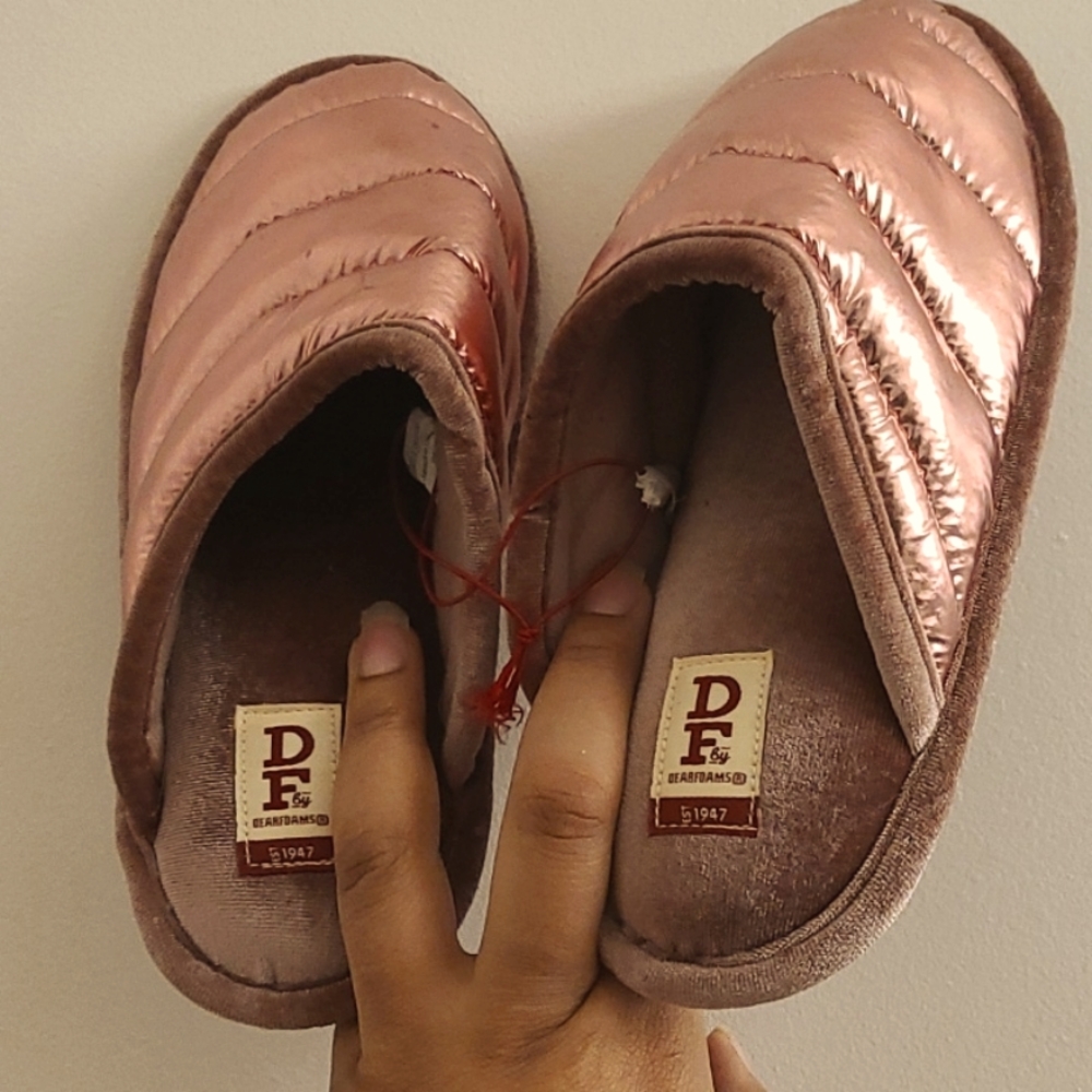 SLIPPERS METALLIC PUFFER SLIDE CLOG DF BY DearFoams US 5 - 6 WM'S ROSE GOLD SPOT